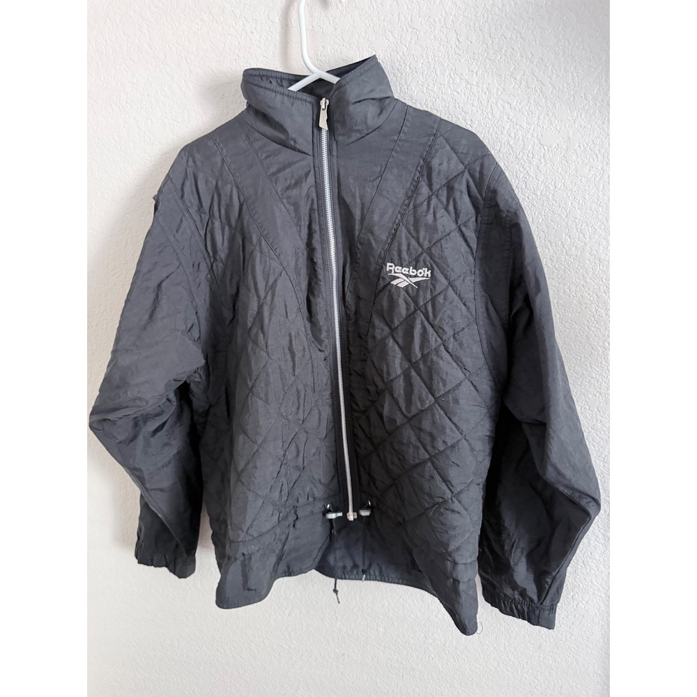 Vintage Reebok Quilted Windbreaker Jacket Black Full Zip Mens Medium RN 69421